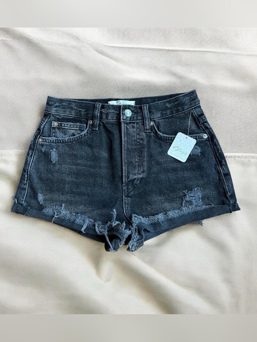 NWT Free People We The Free Black Distressed Cutoff Denim Shorts Size 25